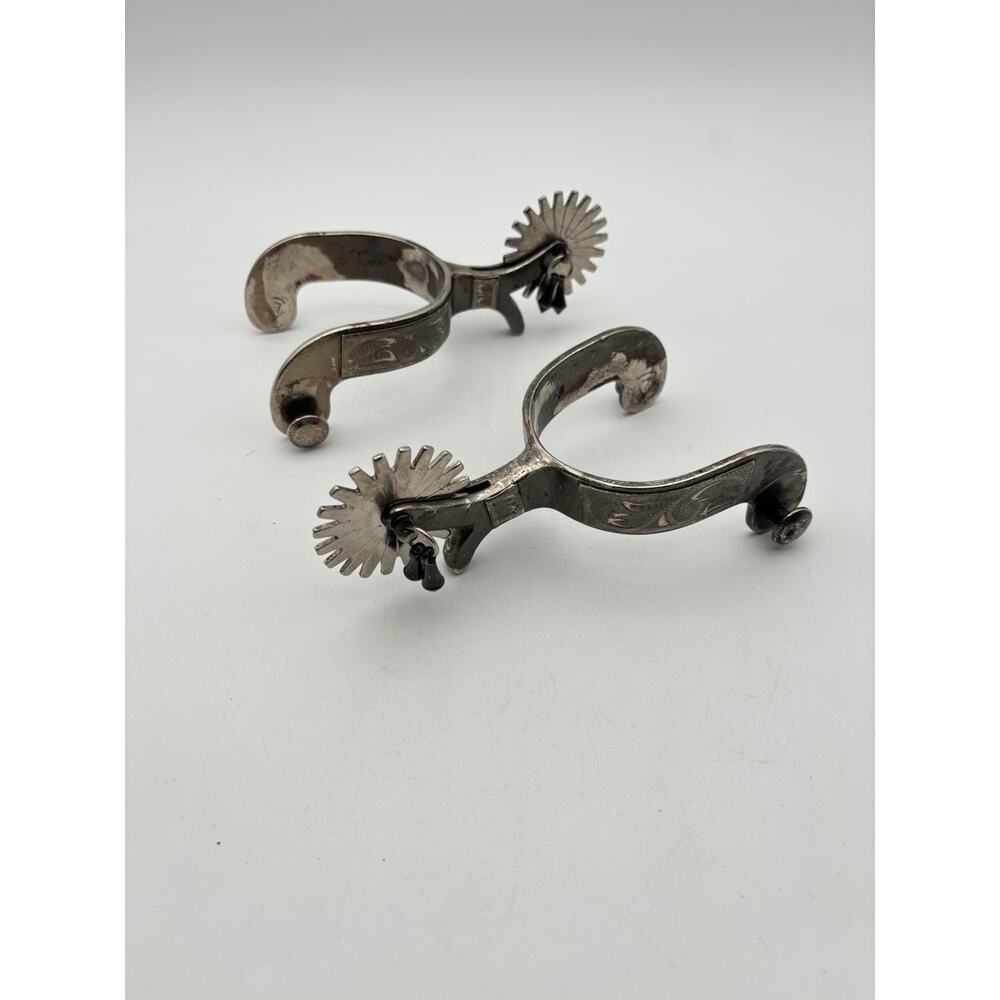 Vintage Cowboy Spurs Engraved Silver Iron Western Rodeo Horse Large Rowels